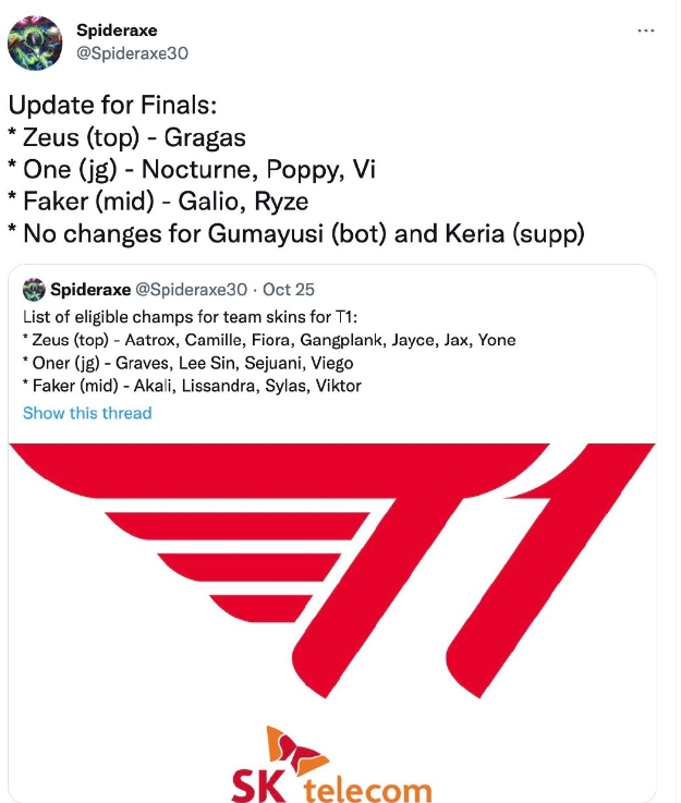 设计师更新T1夺冠后可选冠军皮肤：Faker新增加里奥&瑞兹选项