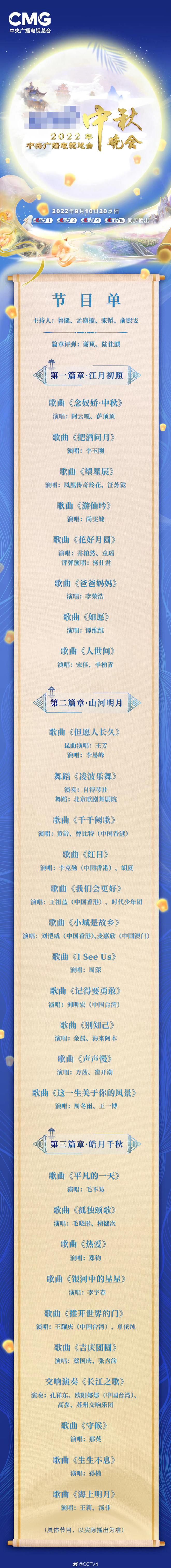 央视中秋晚会节目单曝光:那英孙楠毛不易献唱 央视中秋晚会节目单曝光:那英孙楠毛不易献唱