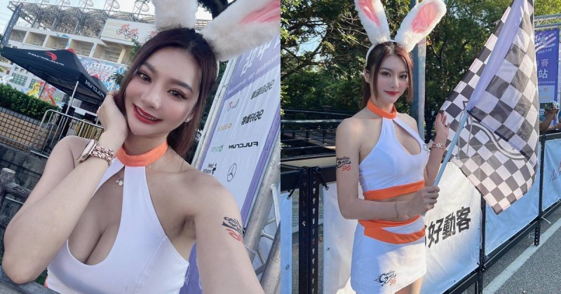 長腿正妹「楚晴依」辣當賽車女郎，「豐滿上圍」快要包不住啦！