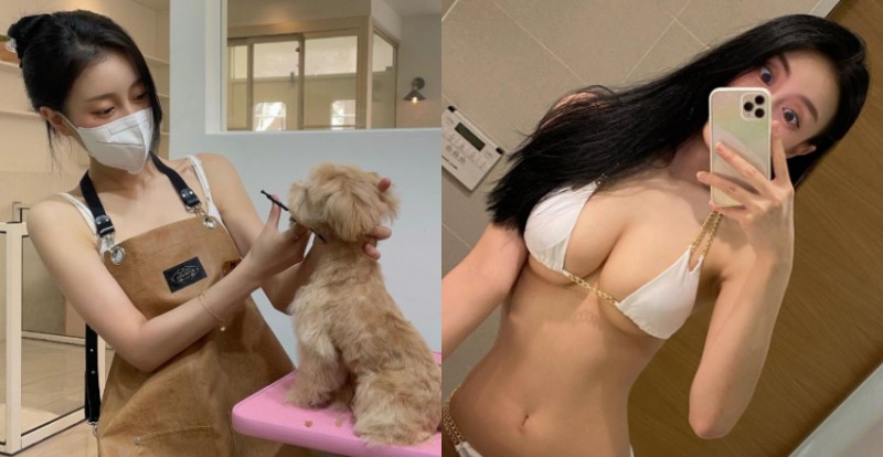 「正妹寵物美容師」圍裙底下藏著飽滿身材　水滴形狀太誘惑
