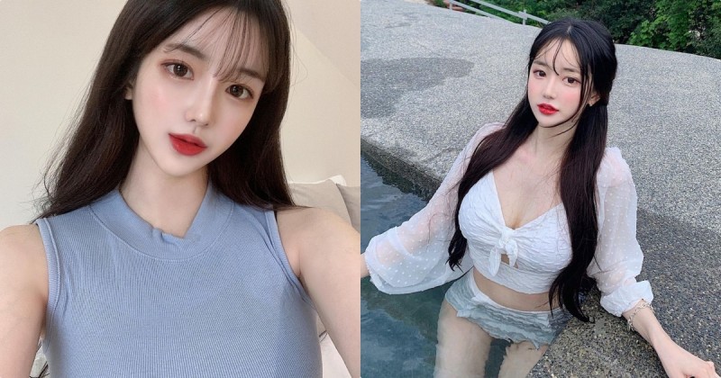 氣質正妹下水後「火辣曲線」現形，「白嫩美肌」腰細、胸好大！