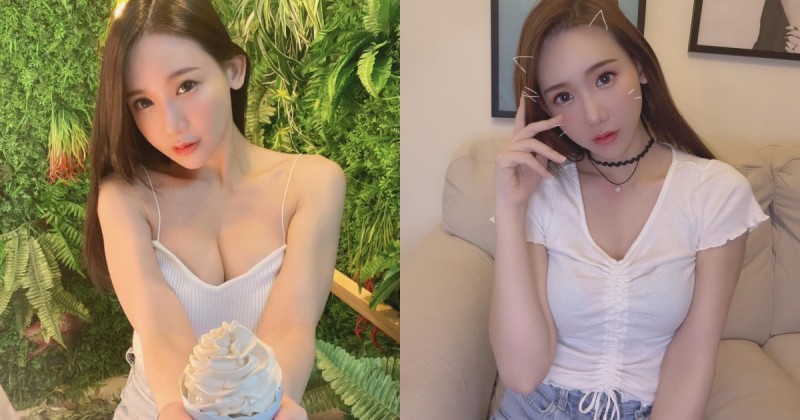 白皙正妹「楊羽霏Sunny」細肩帶爆乳捧冰淇淋，「雪白美胸」比冰更美味！