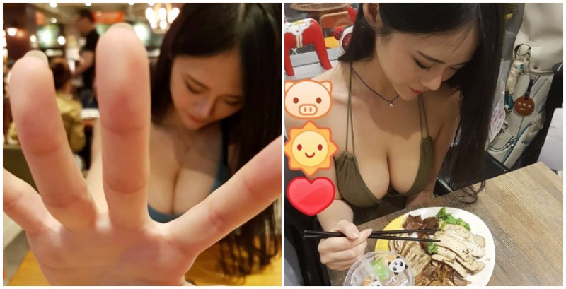 不要看！超狂「巨乳正妹」太害羞，飯桌前的「乳浪深溝」光用眼睛看就飽了！