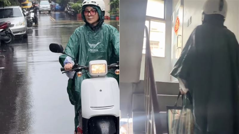 她冒雨騎車畫面流出!腳踩紅白拖爬樓梯 網驚:最接地氣天后